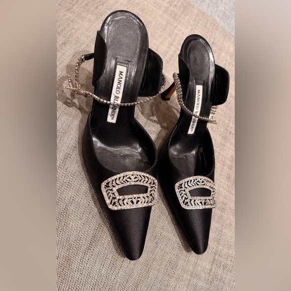 Manolo Blahnik Black Heels with Crystal Ankle and Emblem Embellishments, 37.5